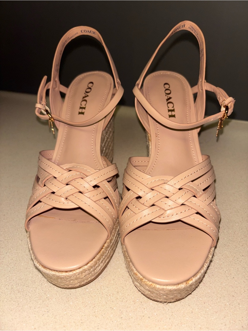 COACH Blush Pink Woven Espadrille Wedge Sandals with Ankle Strap